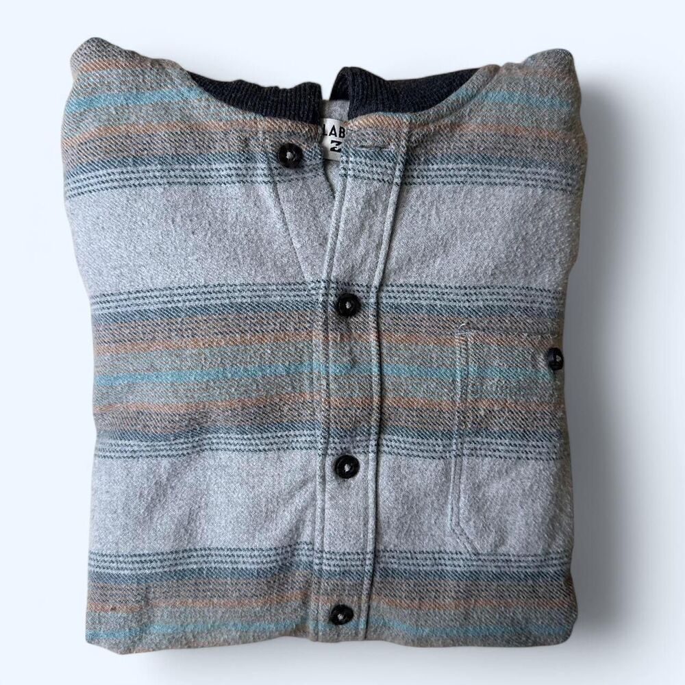 * Billabong Hooded Flannel Shirt Jacket Gray Striped Button Up Size L